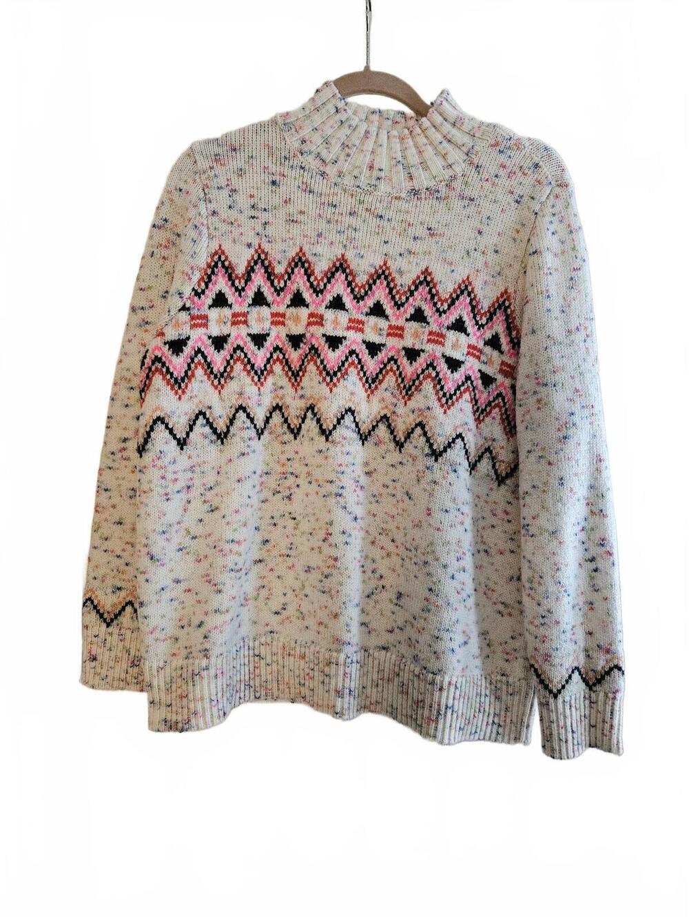 LOFT Women's Large Speckled Multi-Color Knit Sweater with Fair Isle Pattern Yoke